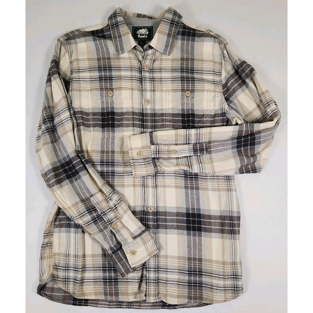 Roots Flannel Shirt Mens Size M Plaid Button Long Sleeve 100% Cotton Chest 42